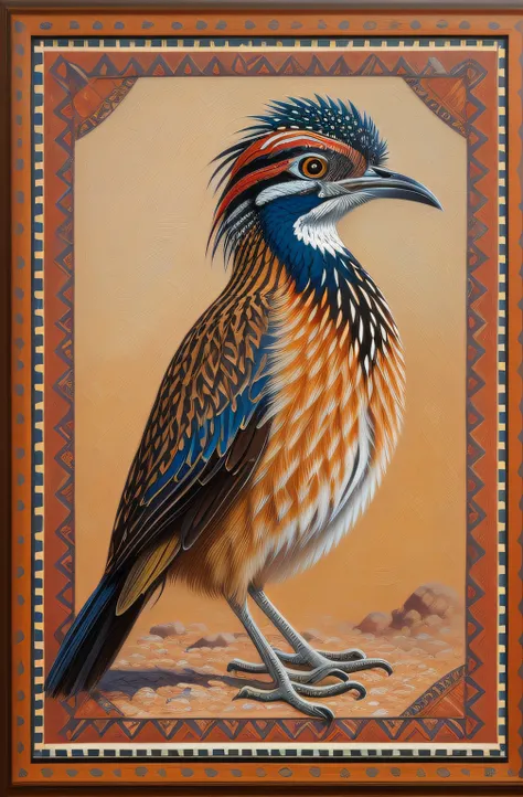 (masterpiece, best quality, high resolution, ultra-detailed, realistic), Chilean Road Runner, vibrant colors, intricate details, geometric patterns, background, portrait, oil painting