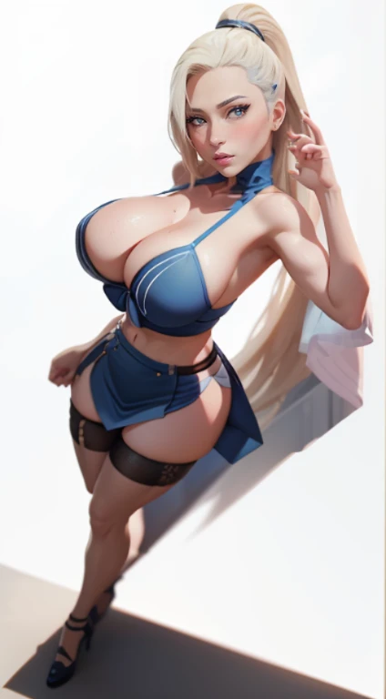 (master piece: 1.1), best quality, 1woman, full body, ino yamanaka, spaghetti strap top, (detailed blue white eyes), high waist short skirt, looking at viewer, perfect composition, detailed lips, big breast, beautiful face, body propotion, blush, (pink lip...