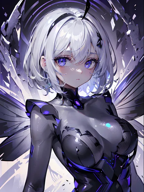 (masterpiece,best quality,ultra-detailed),1girl,beautiful and detailed face, detailed eyes,looking at viewer, multicolored eyes,((grey theme),(insect girl,insect body),short hair,glowing eyes,((night)),dark ambient,In a dark cave