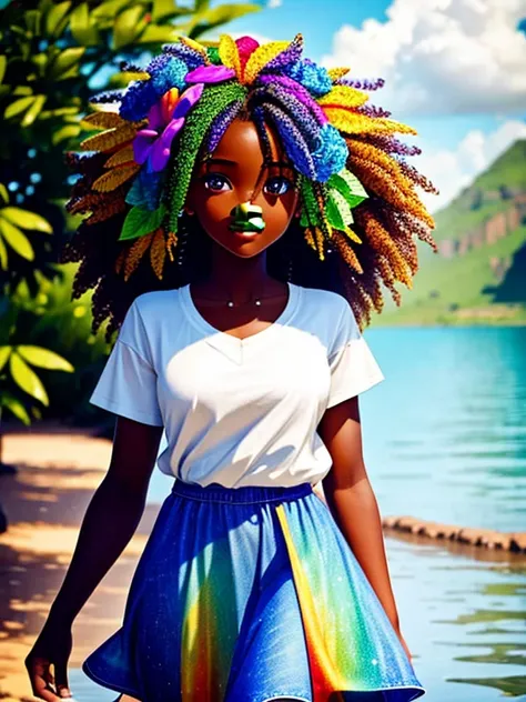 Sticker 1 African-African girl with a flower in her hair, curly hair, clean photo, messy hair in the wind, dressed in jeans and t-shirt, walking, full body, breathtaking rendering, (tan skin), colorful long dress, detailed facial features, symmetrical face...