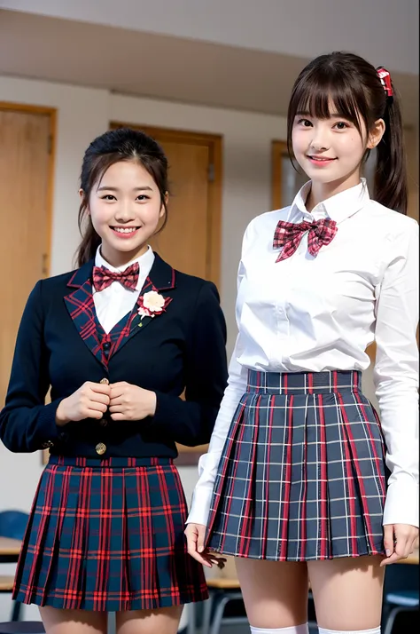 girls standing in school classroom,long sleeved white shirt with red plaid bow tie,white and red plaid pleated skirt,flower brooch,18-year-old,bangs,a little smiles,thighs,knees,crotch,low ponytail,from below