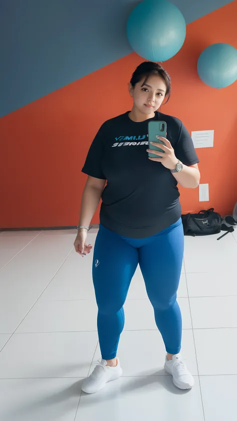 mulher tirando uma selfie em uma academia, foto fit, usando equipamento de fitness, imagem de corpo inteiro, curvy crossfit build, foto da roupa, tshirt preta apertada, em uma academia, tiro centralizado de corpo inteiro, blue pants, fit curvy physique