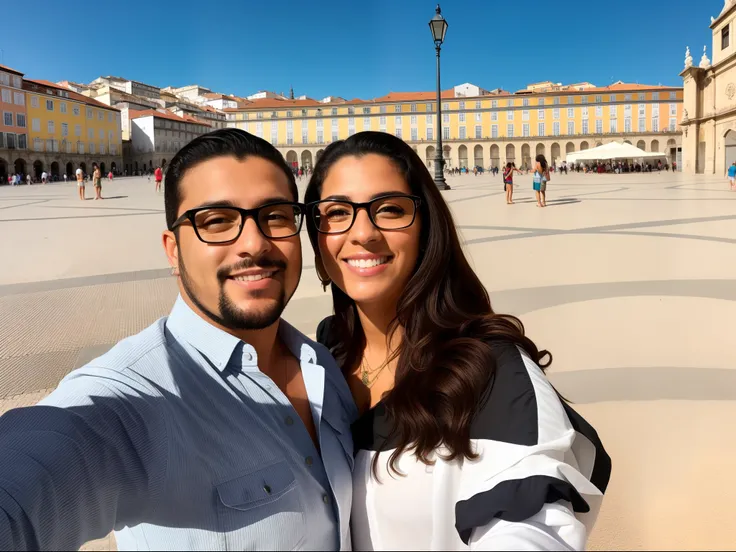 They are taking a selfie in a square with a building in the background, Lisboa, in a city square, vacation photo, bom tempo, dia ensolarado brilhante, estilo de vida, traveling in france, Casal feliz, they are in love, Fotografia tirada em 2 0 2 0, portuga...