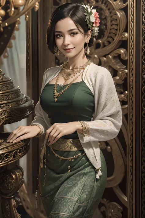 (realistic:1.3), insane detailed, quality, (masterpiece:1.2), (photorealistic:1.2), (best quality), (detailed skin:1.3), (intricate details), ray tracing, ((half body)), ((1woman)), (((1 person))), 40 years old, short hair, smile, green dress, skirt with p...