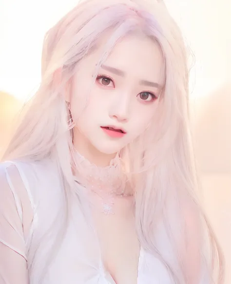 1 gril, a close up of a person with long hair and a white shirt, white haired deity, with long white hair, with white long hair, grey eyes, realistic, diamond on she forehead, Expression, Beautiful, Her hair was sparkling, Cream colored shirt, Royal.