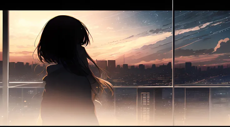 anime,silhouette,1girl, star (sky), cloud, cityscape, building, city, outdoors, skyscraper, city lights, night, night sky, sunset, skyline, (sienna theme color:1.2), (hex color #A0522D)