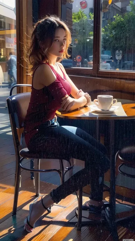 (Realstic, High resolution:1.3), 1 fille avec une silhouette parfaite, Visage et yeux super fins, cheveux longs, tanktop: 1.2 in random colors, Courts en jeans, in a cafe, Coffee on the table, gros seins, exposed cleavage