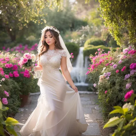 Una chica rubia con un vestido de perlas, su cabello cayendo en cascada por su espalda, un halo de luz alrededor de su cabeza, y un vestido de tela transparente que brilla a la luz. in a garden ,Medio:illustration,hermosos ojos detallados , hermosos labios...