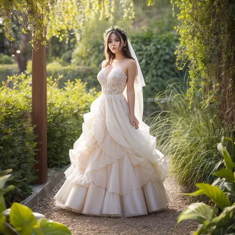 Una chica rubia con un vestido de perlas, su cabello cayendo en cascada por su espalda, un halo de luz alrededor de su cabeza, y un vestido de tela transparente que brilla a la luz. in a garden ,Medio:illustration,hermosos ojos detallados , hermosos labios...