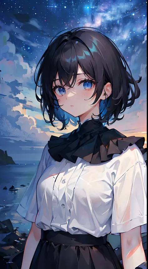 (masterpiece,best quality,ultra-detailed),1girl,short hair,dark black hair, messy hair, thick hair,dark ashes,((grey theme),glowing eyes,((night)),dark ambient,In a beach, starry sky