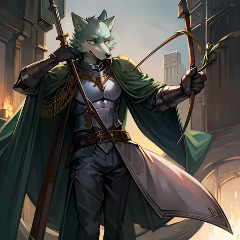 create me an image of legoshi from Beastars as a archer wearing paladin armor holding a sword