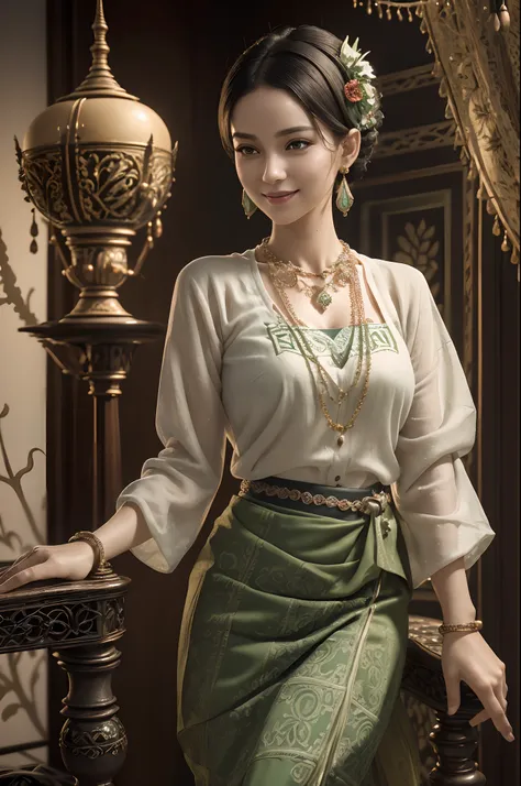 (realistic:1.3), insane detailed, quality, (masterpiece:1.2), (photorealistic:1.2), (best quality), (detailed skin:1.3), (intricate details), ray tracing, ((half body)), ((1woman)), (((1 person))), 40 years old, short hair, smile, green dress, skirt with p...