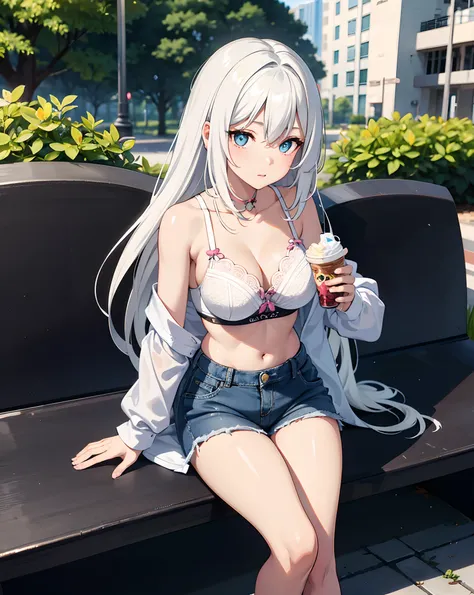 1girl, white hair, sitting on a park bench in a park, she was holding boba drink 1 hand, 
 wear blue jeans shorts, wear clothes similar to a white bra, look forward, halfbody, long hair