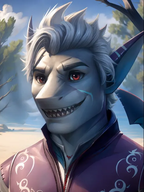 Solo, astarion, an anthro male shark, shark boy, red eyes, white shark, outdoors, smiling, shark teeth