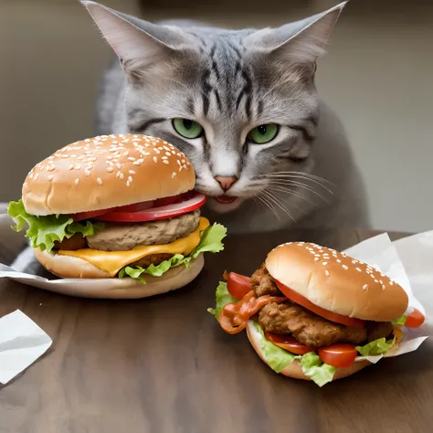 Funny image of cat eating a hamburger