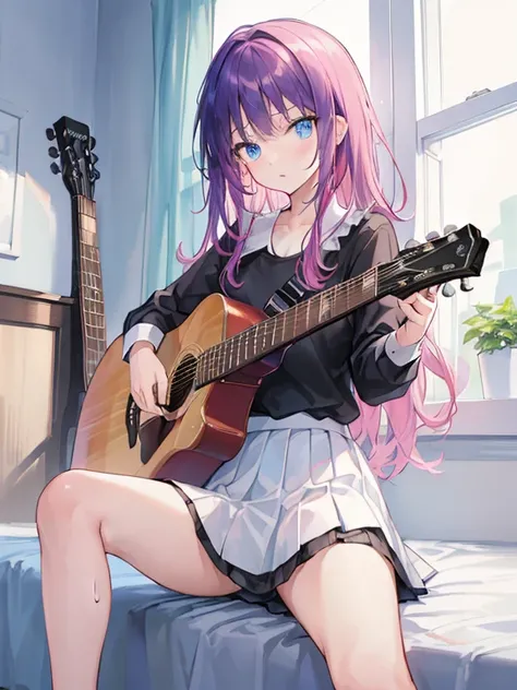 ((masterpiece,best quality))1girl, solo, black shirt, white skirt, blue eyes, long pink hair, playing guitar, pleated skirt, indoors,  (sitting on bed, m shaped spreading legs:1.5, wet panties, seriously face:1.5, ),