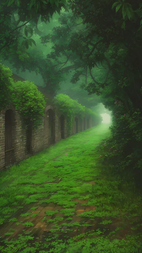 There is a brick road, misty alleys, green alley, in the middle of nature fully covered, misty alley, dense with vegetation, rainy and gloomy atmosphere, covered with vegetation, day after rain, green alleys, walls are covered with vines, in the rain in th...