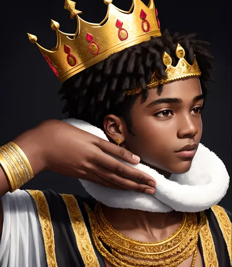 black teenager placing a crown on his head, Illustration, Highly detailed, High quality, Ultra detailed