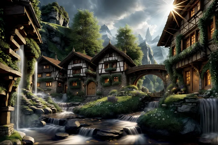 the hobbit, tolkien, a medieval village in switzerland with river and pool, ornate, beautiful, atmosphere, vibe, flowers, concept art illustration, greg rutowski, volumetric lighting, sunbeams, particles, oversaturate, intricate, volumetric lighting, beaut...