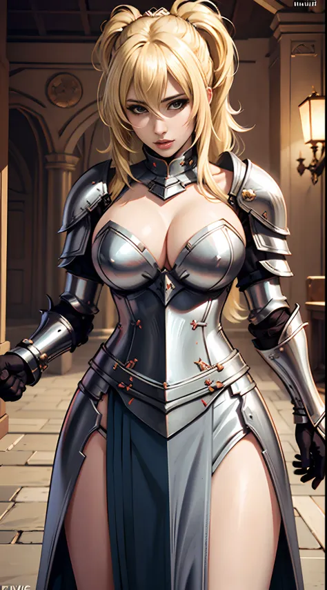 blonde Female knight, plate armour, cleavage, lewd, sexy, erotica