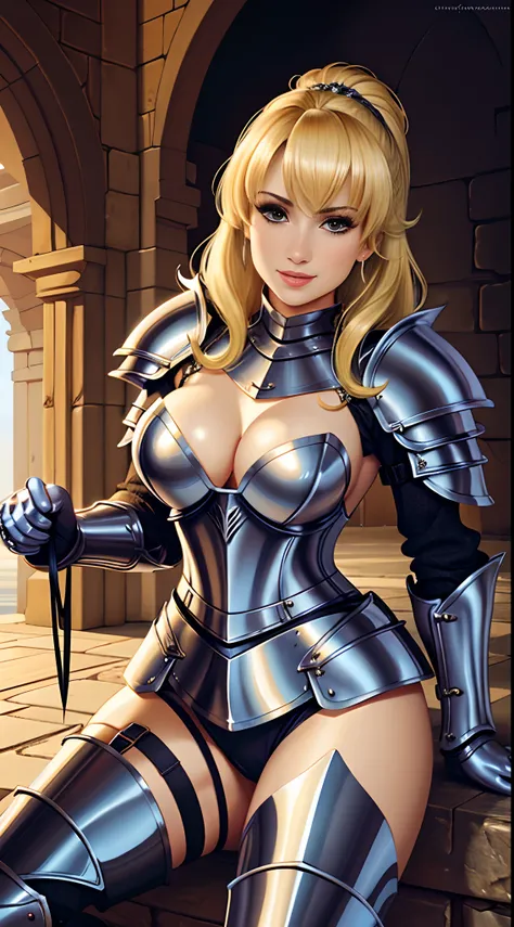 blonde Female knight, plate armour, cleavage, lewd, sexy, erotica