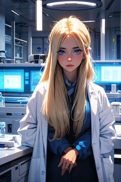 Science-fiction, blond hair, blue eyes, in a laboratory, Passing night landscape, A beautiful scientific girl with, UHD Portrait, (High quality) (ultra details) Looking at the viewer in a lab coat; different, colorfull, long hair.