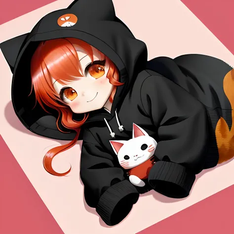 Chibi Character　Anime Paintings　red hairs　Nekomimi　A smile　Wearing a hood　Lie down