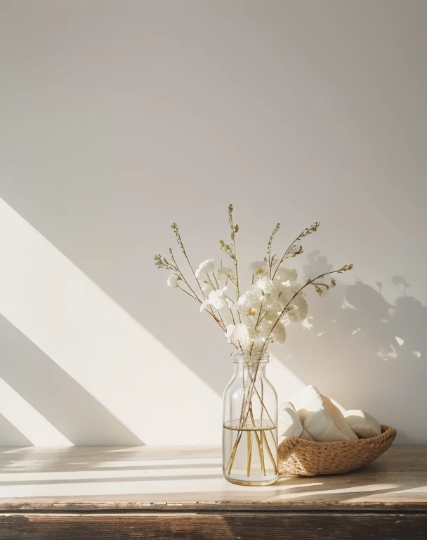 White dried flowers、White Wood Interior Accessories、Soft light、Rim Lights、beautiful shadow、lowkey、(Photorealsitic、Raw foto:1.2)、(Natural texture、realistic detailed)、Hyper-Realism、超A high resolution、4K、top-quality、white walls、Perfect Angle、