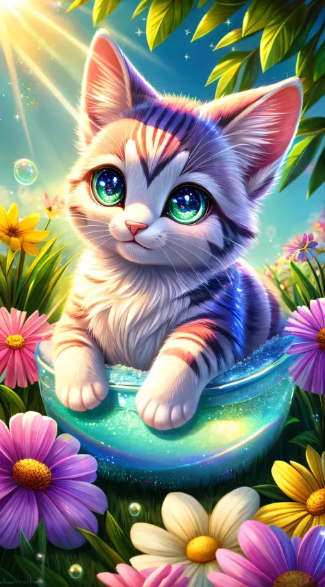 Cute furry kitty, blows a lot of soap bubbles, letho, Sunbeams, glares, Glitter Iridescent Iridescence, Cute big sparkling eyes, Pink spout, Masterpiece, ultradetail, full hd, blue skies, greens, Flowers, Summer Warmth