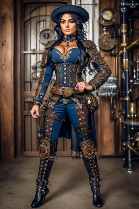 Soldado mulher robusta bodybuilder full Steampunk, cabelo curto, corpo inteiro, traje Azul, frontal angle, concentrada, Spear and Steampunk Shield, patrulhando ruas Steampunk, imagens ultra