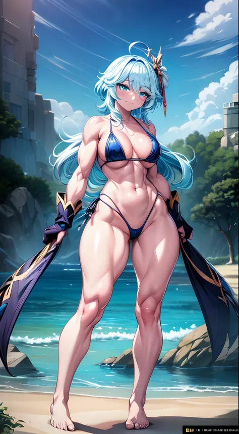 Furina from Genshin Impact), 1 girl, standing on the beach, nails painted blue, (((arms on waist))), (thong bikini), (((muscular legs))), muscular belly, standing, barefoot, (((full body photo))) , medium breasts, eye reflection, glowing eyes, glowing eyes...