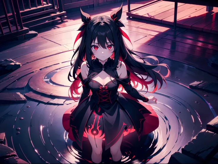 1 loli girl , standing center of ripples , red lake,  front viewer, reach out, outdoor , ((darkness)) ,((dark lighting)) , (from above:0.7),full body,black Feather , concept art, fantasy art, cinematic lighting , cinematic angle , (rape face) ,black long s...