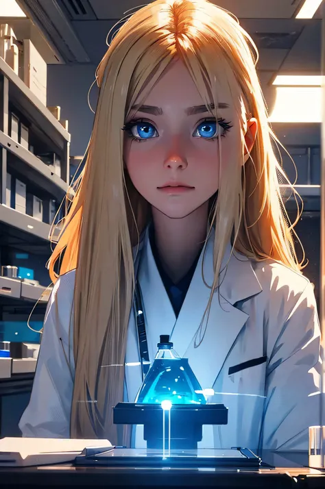 Science-fiction, blond hair, blue eyes, in a laboratory, Passing night landscape, A beautiful scientific girl with, UHD Portrait, (High quality) (ultra details) Looking at the viewer in a lab coat; different, colorfully, long hair, no hands.