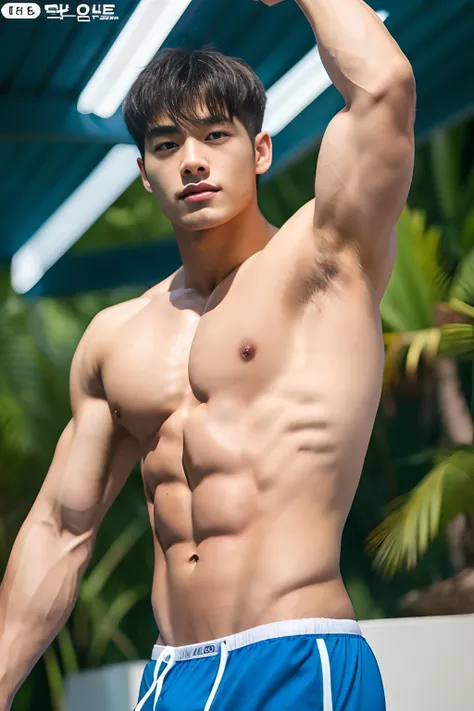 Masterpiece, Best Quality, Solo, Korean Men, bodybuilder, Muscular body, big muscle, Natural eyes, Short and delicate hair, Sexy Man, looking up at viewer, Triangle Mens Swimwear, Standing, Muscular posture, sensual