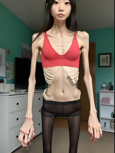 Extremely thin woman, A thin body，Protruding sternum，The waist is slender，The ribs are noticeable，Protruding ribs，The pelvis is very pronouncedly protruding，The pelvis is markedly elevated，White skin of the，Thin shoulders，Very slim waist，Extremely skinny，S...