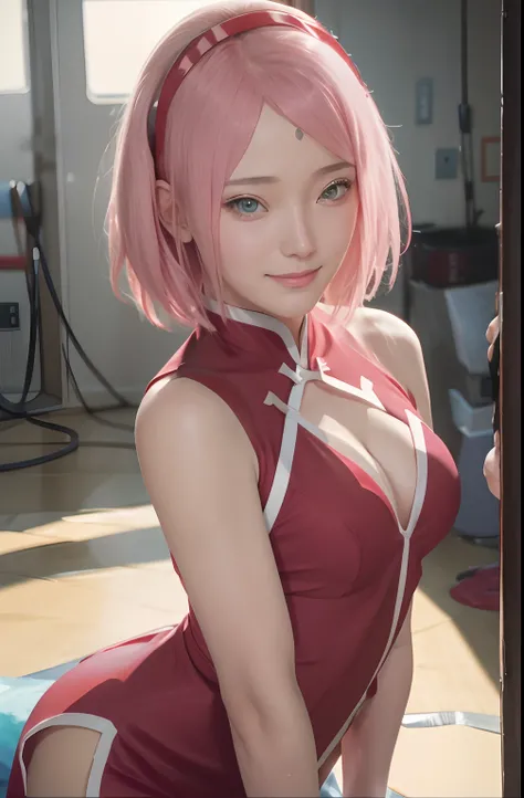 Sakura Uchiha.  a woman is in a room.  she looks beautiful.  wearing a red ceongsam.  with his chest open.  The ceongsam is so tight that it makes her curves trace out.  he seemed to bend his body slightly.  makes a sexy impression in the pose.  she had sk...