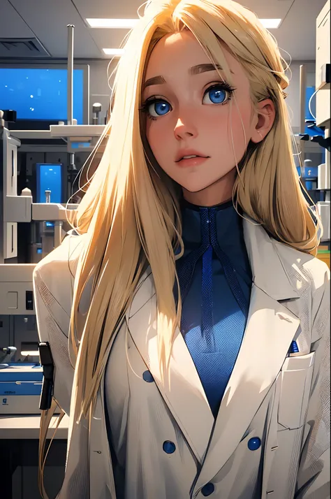 Science-fiction, blond hair, blue eyes, in a laboratory, Passing night landscape, A beautiful scientific girl with, UHD Portrait, (High quality) (ultra details) Looking at the viewer in a lab coat; different, colorfull, long hair, no hands, big breast.