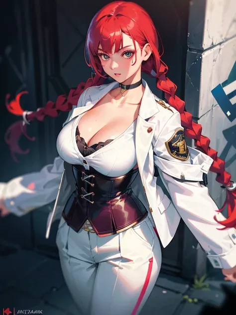 1girl, portrait of beautiful lobapex, athletic, white jacket, corset, skirt, pants, black hair, red hair, braids, makeup, choker, cleavage, wide hips, volumetric lighting, best quality, masterpiece, intricate details, tonemapping, sharp focus, hyper detail...