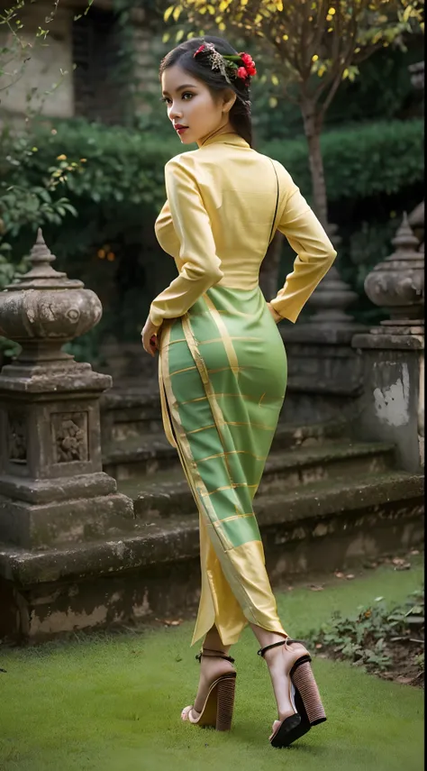 a busty round buttock woman in blouse tight Burmese green dress (beautiful stilleto heel), dark red lipstick, medium breast, walking in beautiful flowered garden, view from behind, seducing, desired face, naughty look, (beautiful green eyes), red checkbone...