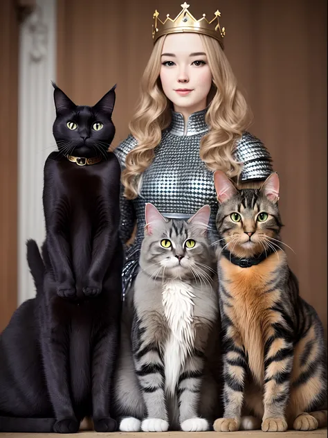 Maine coon cat as a queen with black cat as knight and tabby as rogue