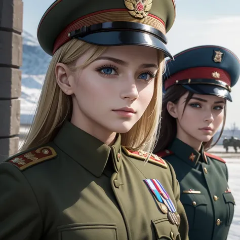 best qualityer，tmasterpiece，Russian female soldiers salute，vibrancy、Handsome female soldier，((Beautuful Women))，Dressed in Russian military uniform，Portable rifles，Close-up of upper body，The face is rich in detail。