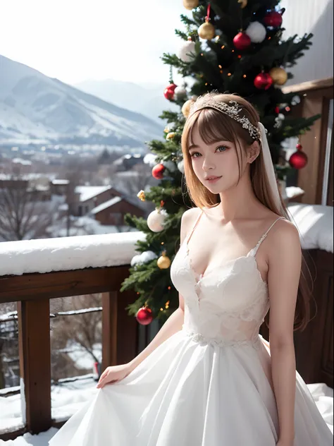 A girl,16 year old,pretty face,wedding dress,european countryside,blonde,bangs bangs,muscular arms,snow field and Xmas tree