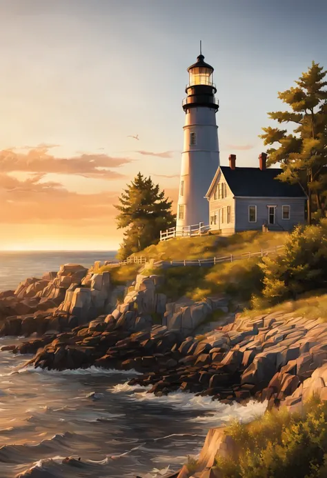 lighthouse on a cape in a small township in the northern united states, modern days, summer, warm sunset, soft light of the evening sun, setting sun, sea, trees, realistic, cinematic, soft colors, ultra quality, hyper realistic, super detailed