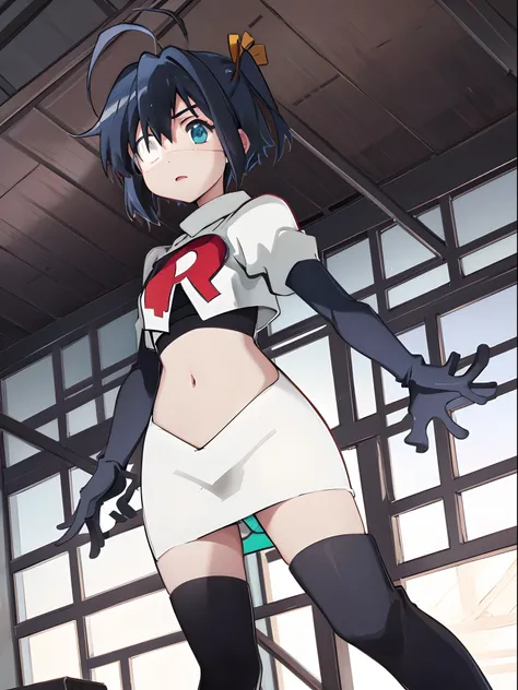 ph rikka, 1girl, :o, jacket, blazer, aqua eyes,team rocket,team rocket uniform,white skirt,crop top,black thigh-high boots,black elbow gloves,