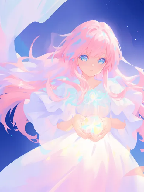 beautiful girl in glowing white dress, ((flowing white ballgown)), vibrant pastel colors, (colorful), magical lights, long flowing colorful pink hair, ((glowing aura around her)), flowing glowing hair, fantasia landscape background, whimsical, magical, fan...