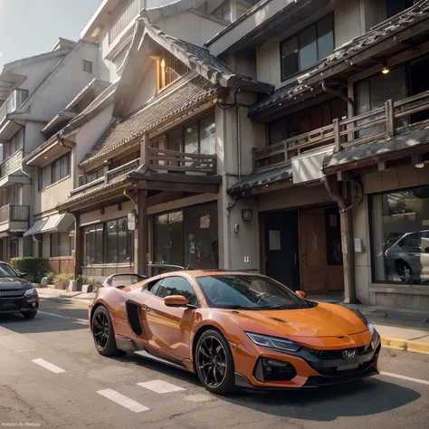 Intricate detailed photo of 1 futuristic sportcar, from Honda manufacturer, orange  fluorescent paint, in Japanese suburban area background, in the winter, with detailed soft sunlight rays over the car, projected shadows, volumetric lightings, cinematic co...