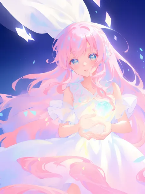 beautiful girl in glowing white dress, ((flowing white ballgown)), vibrant pastel colors, (colorful), magical lights, long flowing colorful pink hair, ((glowing aura around her)), flowing glowing hair, fantasia landscape background, whimsical, magical, fan...