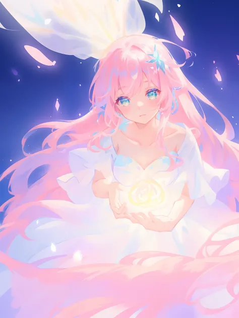 beautiful girl in glowing white dress, ((flowing white ballgown)), vibrant pastel colors, (colorful), magical lights, long flowing colorful pink hair, ((glowing aura around her)), flowing glowing hair, fantasia landscape background, whimsical, magical, fan...