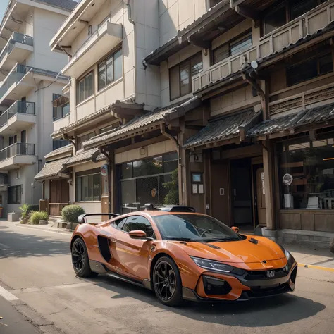 Intricate detailed photo of 1 futuristic sportcar, from Honda manufacturer, orange  fluorescent paint, in Japanese suburban area background, in the winter, with detailed soft sunlight rays over the car, projected shadows, volumetric lightings, cinematic co...