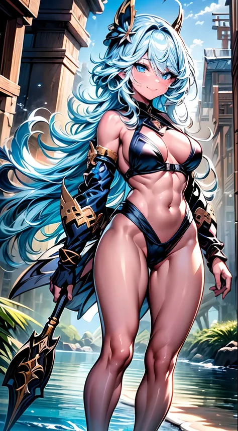 Furina from Genshin Impact), 1 girl, standing on the beach, nails painted blue, (((arms on waist))), (thong bikini), (((muscular legs))), muscular belly, standing, barefoot, (((full body photo))) , medium breasts, eye reflection, glowing eyes, glowing eyes...